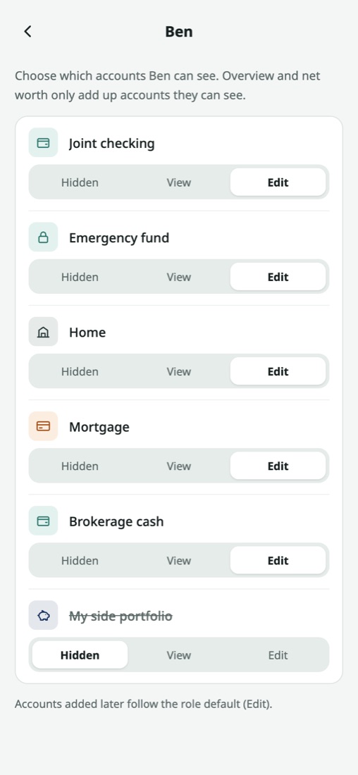 Setting Ben's access to each account: Hidden, View or Edit