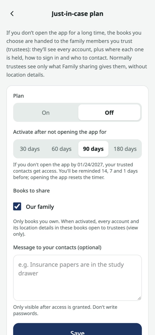 Dead Man's Switch settings: how long without opening the app, which ledgers to hand over, a note for trusted contacts