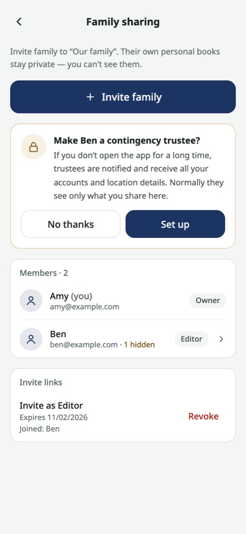Family sharing page listing members Amy and Ben and an invite link
