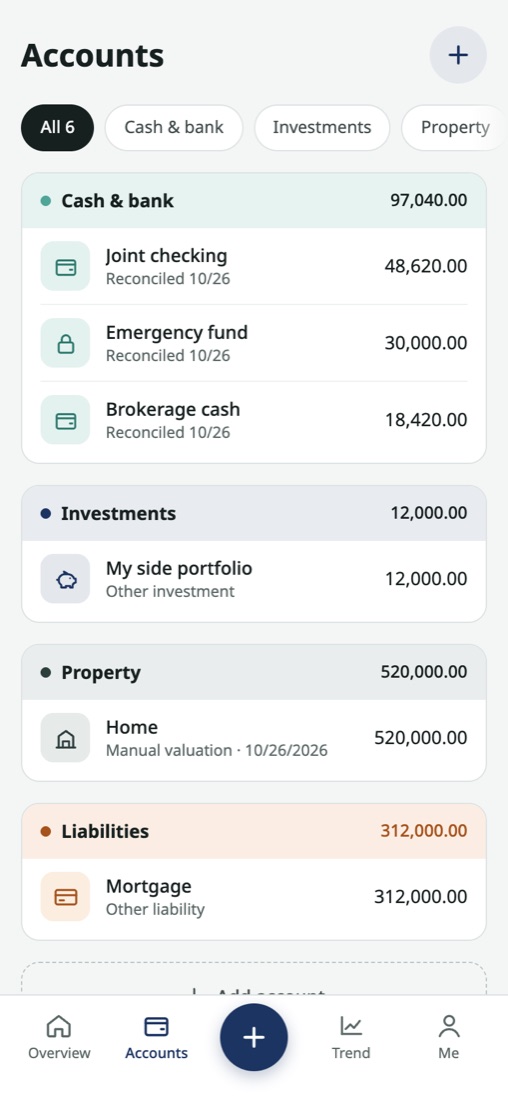 Amy's account list as the owner, showing six accounts including My side portfolio